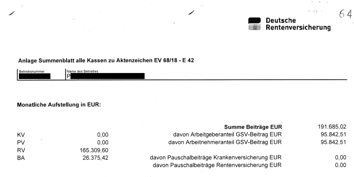 "Anlage Summenblatt alle Kassen zu Aktenzeichen EV 68118 - E 42 [...] Summe Beiträge EUR 191.685,02"
