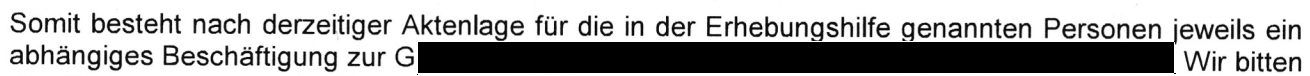"Somit besteht nach derzeitiger Aktenlage für die in der Erhebungshilfe genannten Personen jeweils ein abhängiges Beschäftigung zur G. ." Gutachten von Frau Bettina Hain zur Firma G.