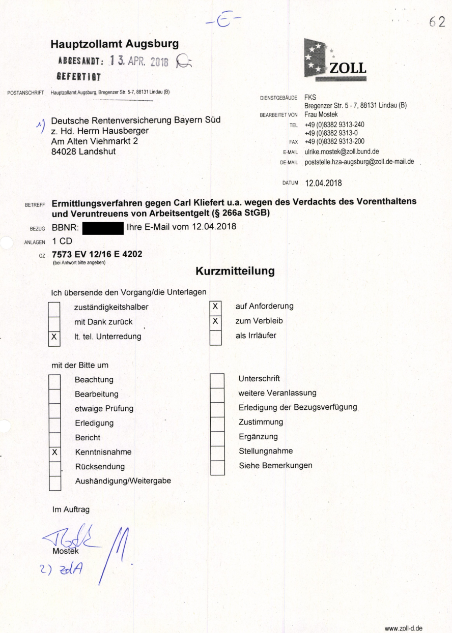 "Ermittlungsverfahren gegen Carl Kliefert u.a. wegen des Verdachts des Vorenthaltens und Veruntreuens von Arbeitsentgelt (§ 266a StGB)"